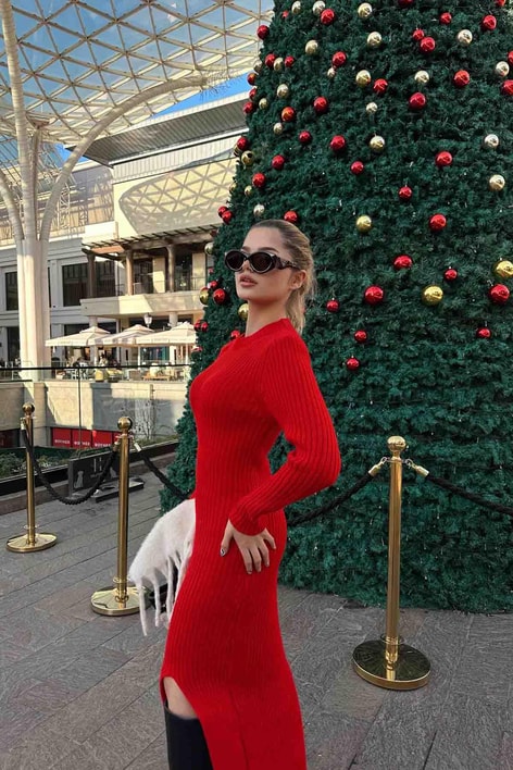 Yırtmaçlı Midi Triko Elbise Kırmızı