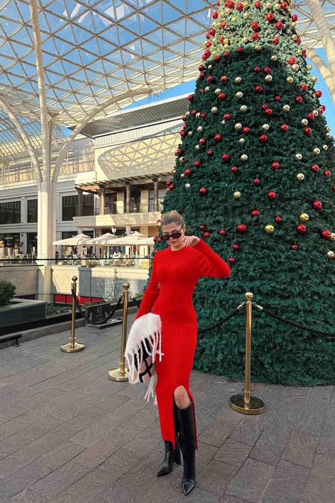 Yırtmaçlı Midi Triko Elbise Kırmızı