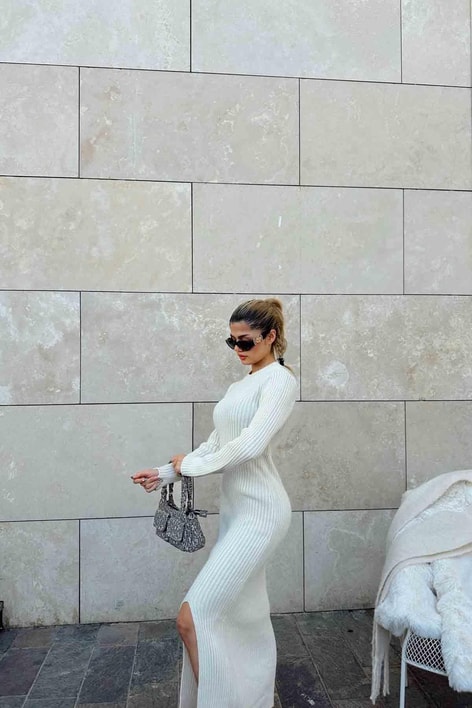 Yırtmaçlı Midi Triko Elbise Taş