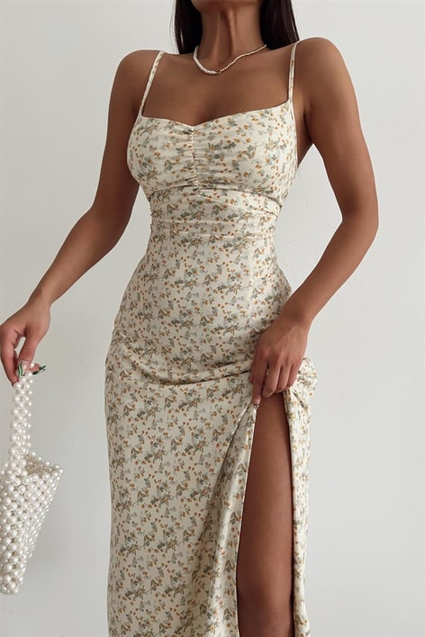 Yırtmaçlı Olive Ön Büzgülü Elbise Sarı