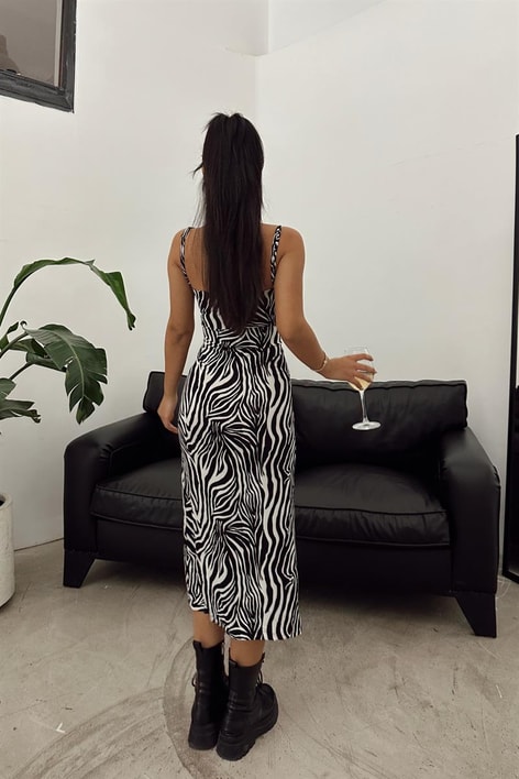 Zebra Desen Drape Elbise Siyah