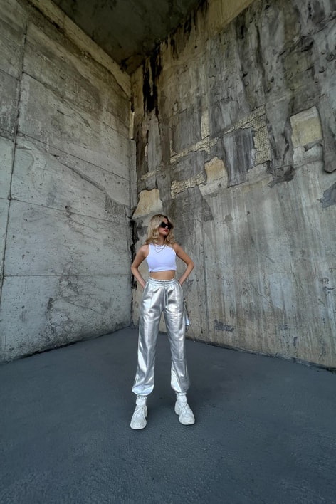 Dikiş Detay Jogger Silver Eşofman Gümüş