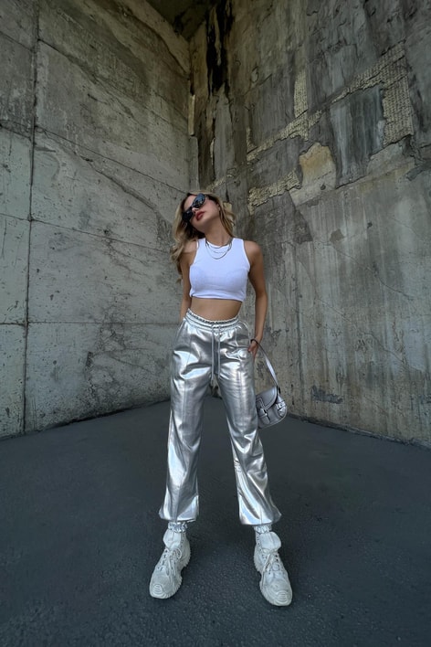 Dikiş Detay Jogger Silver Eşofman Gümüş