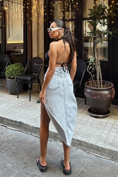 Asimetrik Yırtmaçlı Kot Etek Buz Mavi