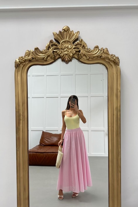 Astarlı Beli Lastik  Etek Pembe