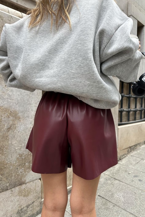 Bağcıklı Deri Şort Bordo