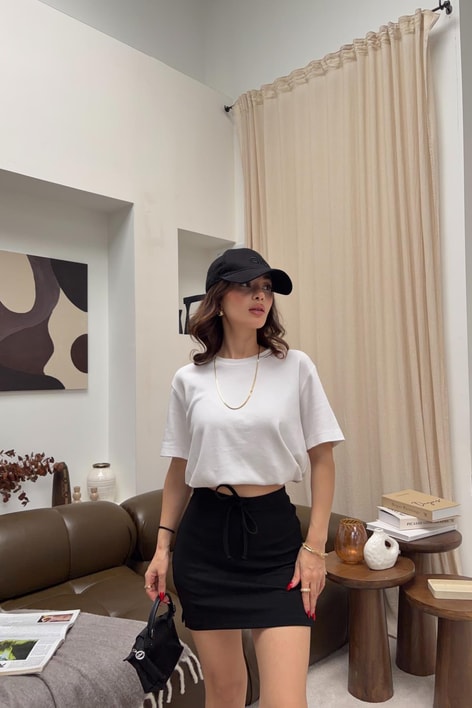 Bağcıklı Mini Şort Etek Siyah