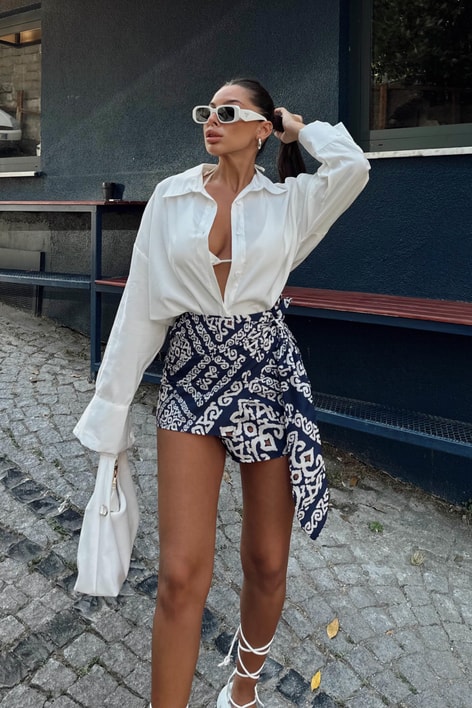 Bağlamalı Labirent Desenli Etek Lacivert