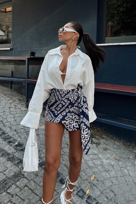 Bağlamalı Labirent Desenli Etek Lacivert