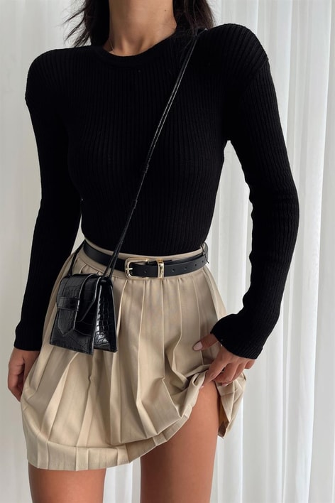 Basic Pileli Etek Bej