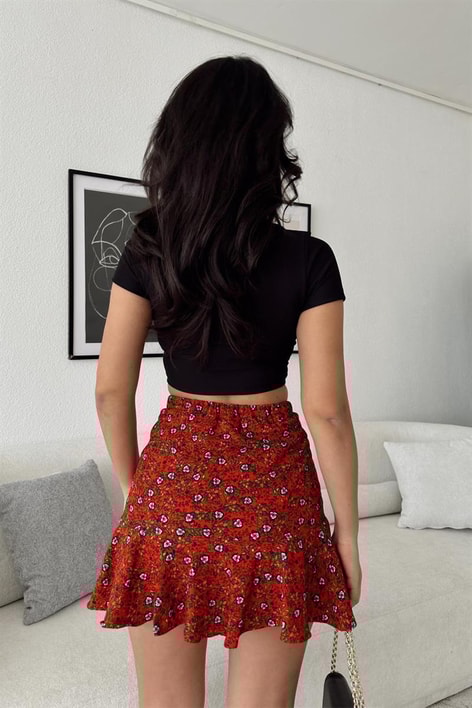 Benek Desenli Mini Etek Kırmızı