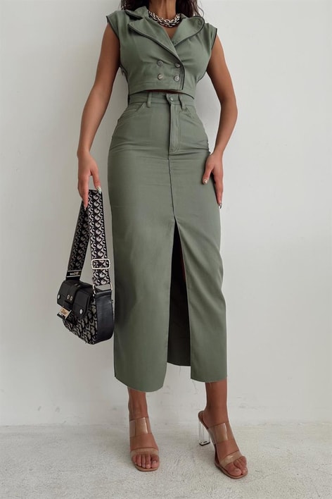 Çıt Düğme Yırtmaç Etek Haki