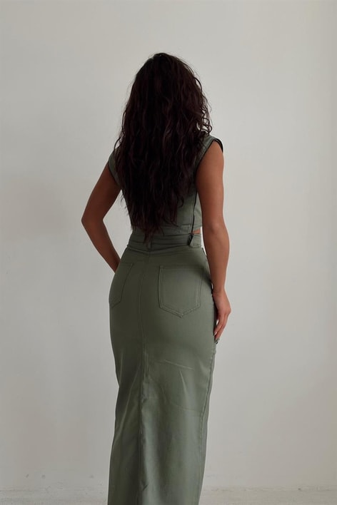 Çıt Düğme Yırtmaç Etek Haki