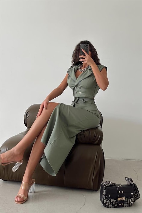 Çıt Düğme Yırtmaç Etek Haki