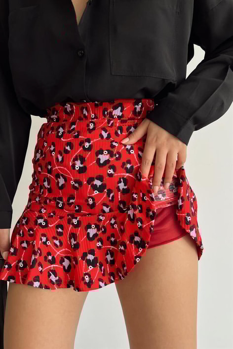 Çıtır Çiçek Desen Pileli Etek Kırmızı