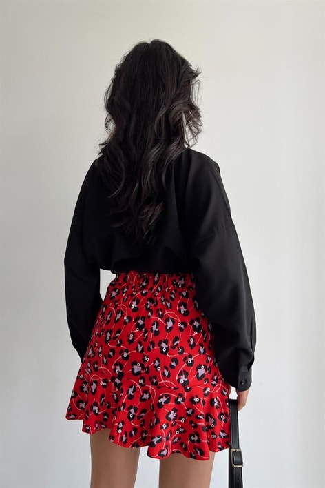 Çıtır Çiçek Desen Pileli Etek Kırmızı