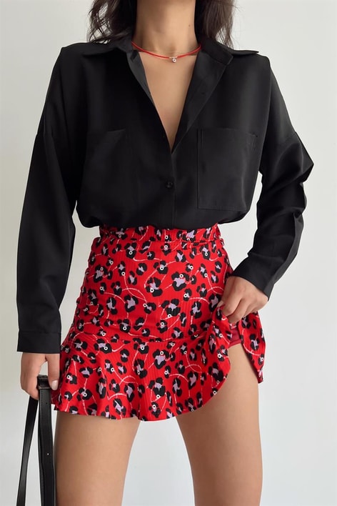 Çıtır Çiçek Desen Pileli Etek Kırmızı