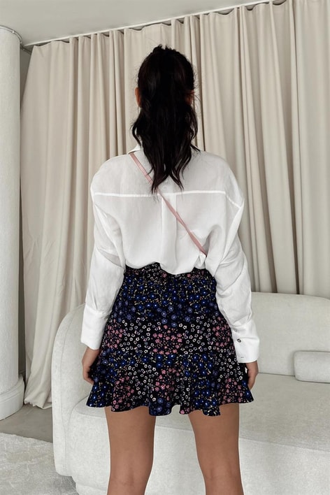 Çıtır Çiçek Desenli Etek Lacivert