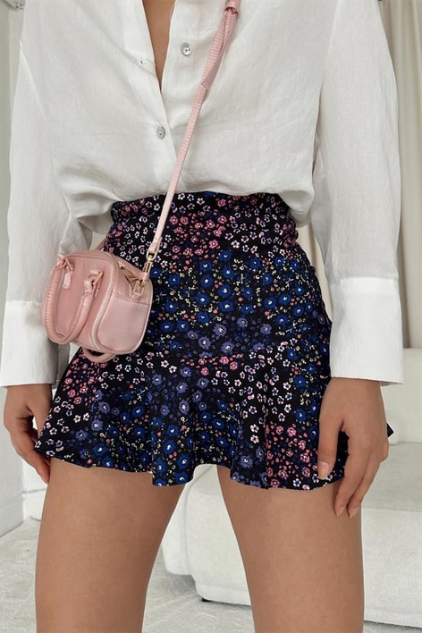 Çıtır Çiçek Desenli Etek Lacivert