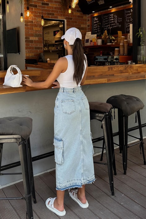 Çok Cepli Denim Etek Mavi