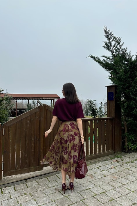 Desenli Asimetrik Şifon  Etek Yeşil