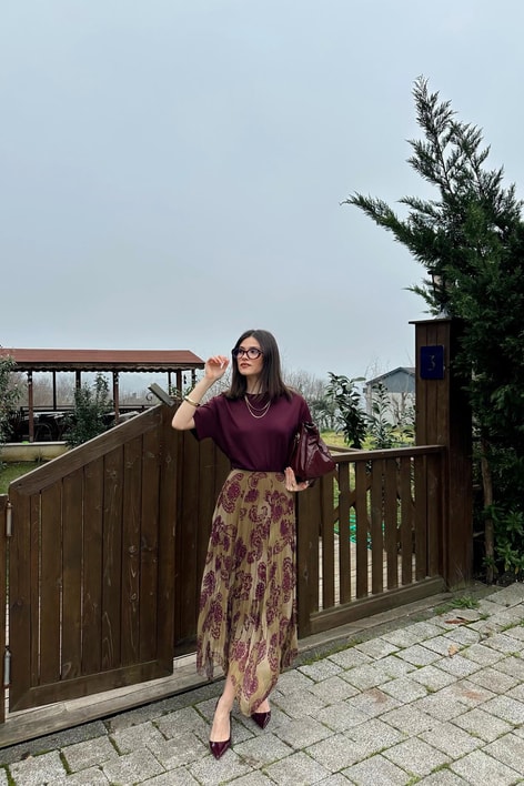 Desenli Asimetrik Şifon  Etek Yeşil