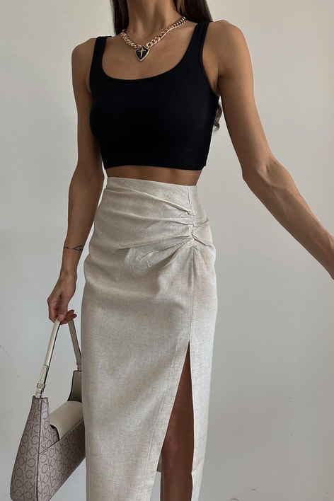 Drape Detay Yırtmaçlı Keten Etek Taş