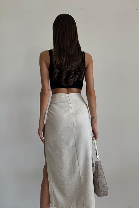 Drape Detay Yırtmaçlı Keten Etek Taş