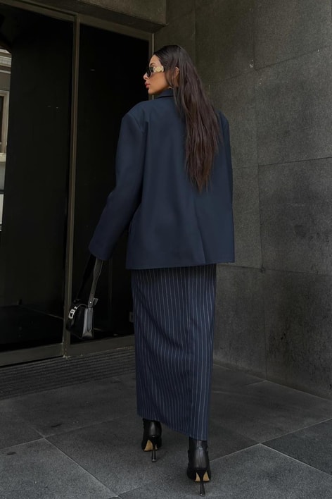 Duo Kemerli Çizgi Yırtmaçlı Etek Lacivert