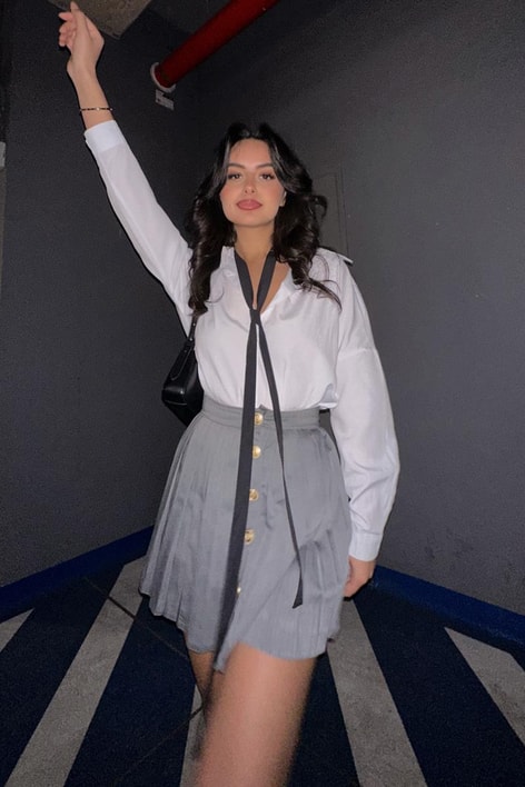 Gold Düğme Pileli Etek Gri