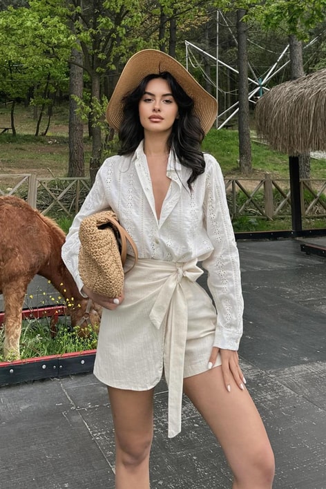 Ham Keten Bağlamalı Şortlu Etek Ekru