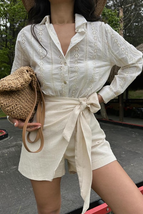 Ham Keten Bağlamalı Şortlu Etek Ekru