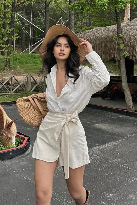 Ham Keten Bağlamalı Şortlu Etek Ekru