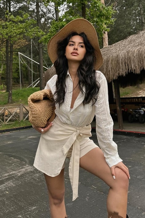 Ham Keten Bağlamalı Şortlu Etek Ekru