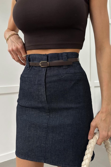 İnce Kemerli Denim Etek Lacivert