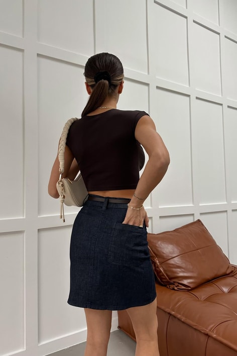 İnce Kemerli Denim Etek Lacivert