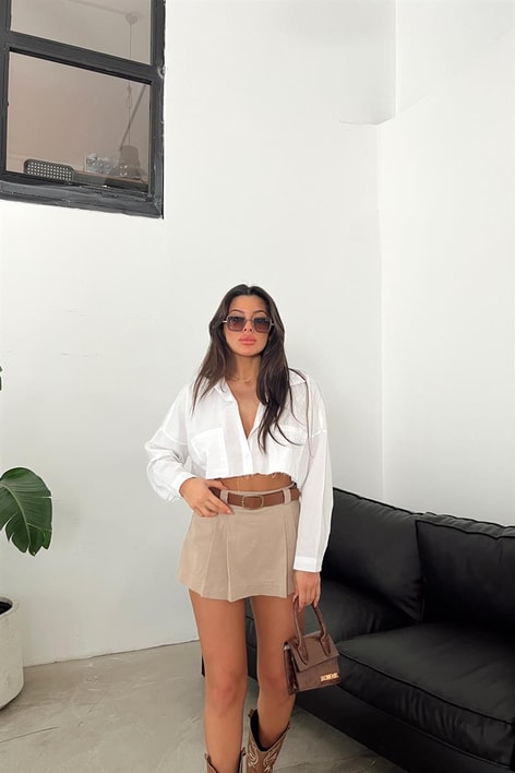 Kemer Detay Şortlu Pileli Etek Bej