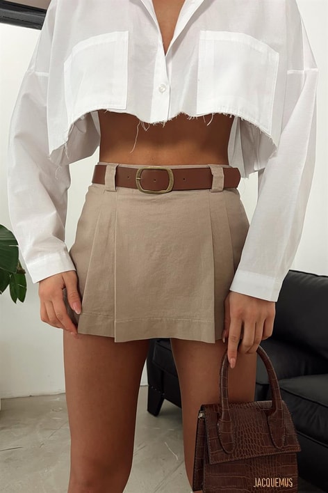 Kemer Detay Şortlu Pileli Etek Bej