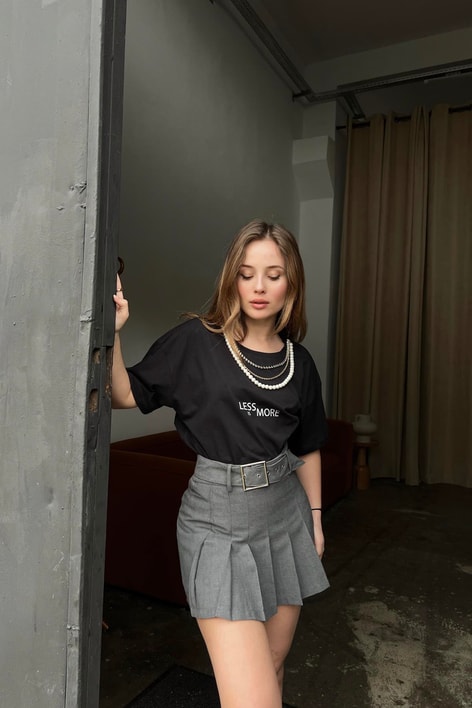 Kemer Ketaylı Pileli Etek Gri