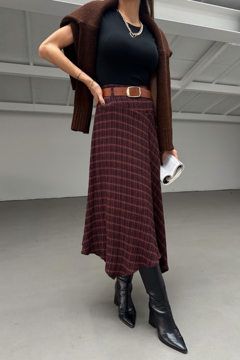 Kemerli Asimetrik Etek Bordo