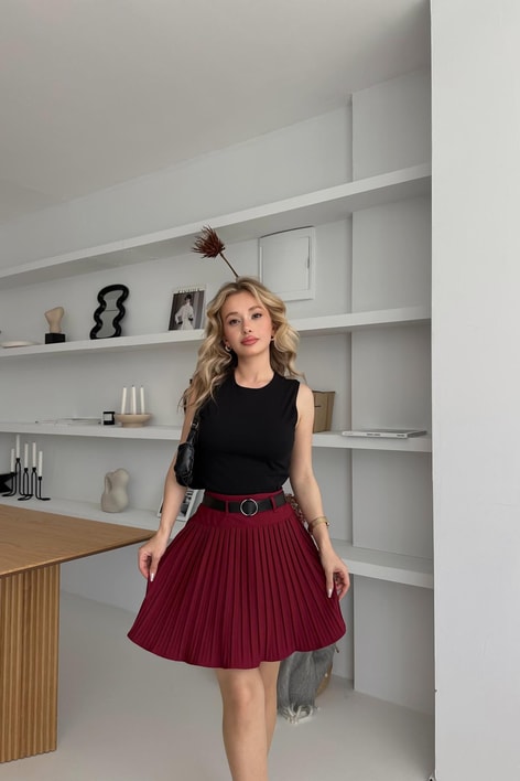 Kemerli Pilise Etek Bordo
