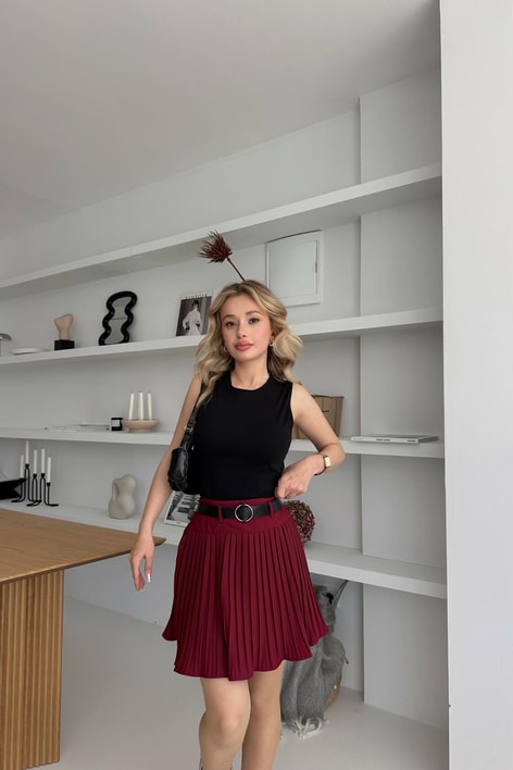 Kemerli Pilise Etek Bordo
