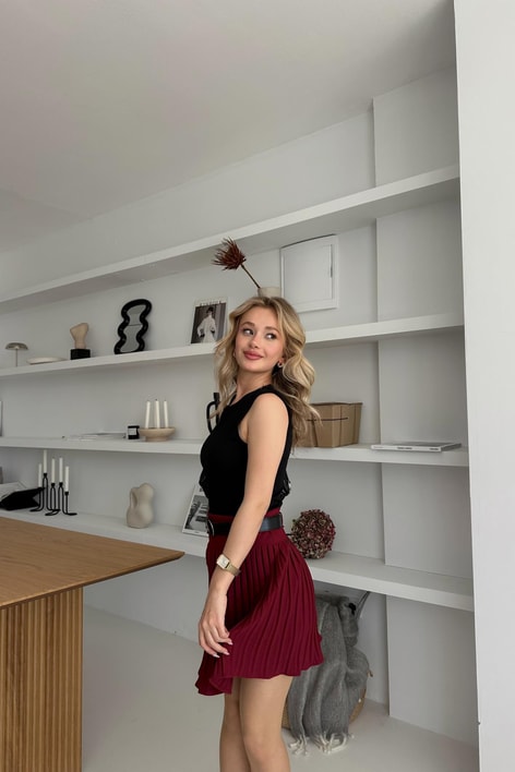 Kemerli Pilise Etek Bordo