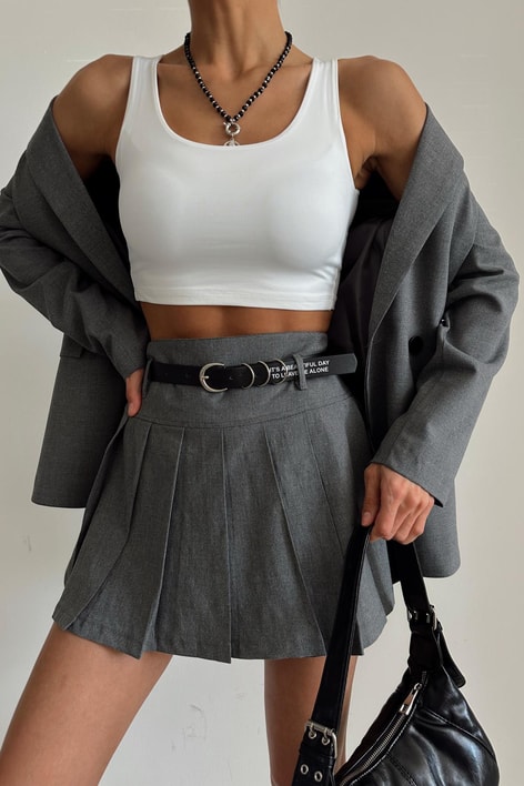 Kemerli Pilise Etek Gri