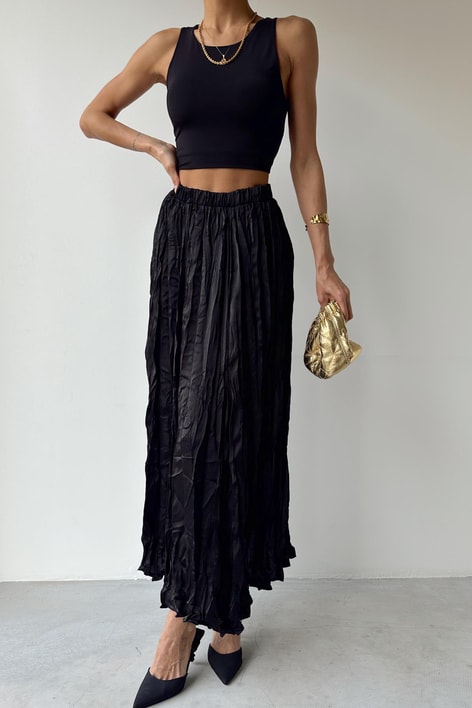 Kırışık Dokulu Saten Etek Siyah