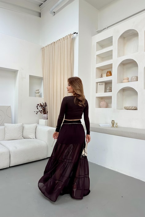 Kısa Astarlı Büzgülü Şifon Etek Acı Kahve