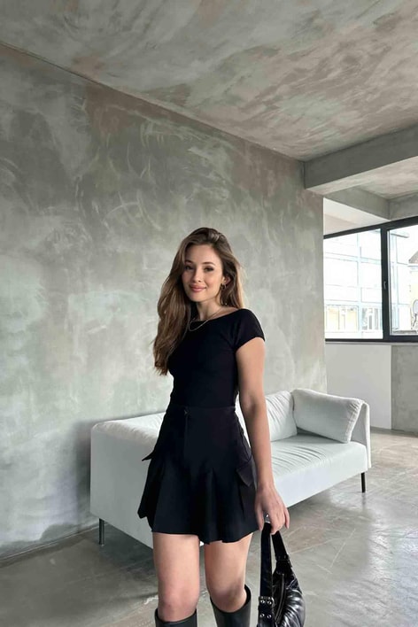 Mini Kargo Şortlu Etek Siyah