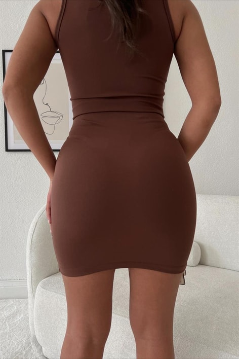 Mini Yırtmaçlı Basic Etek Kahve