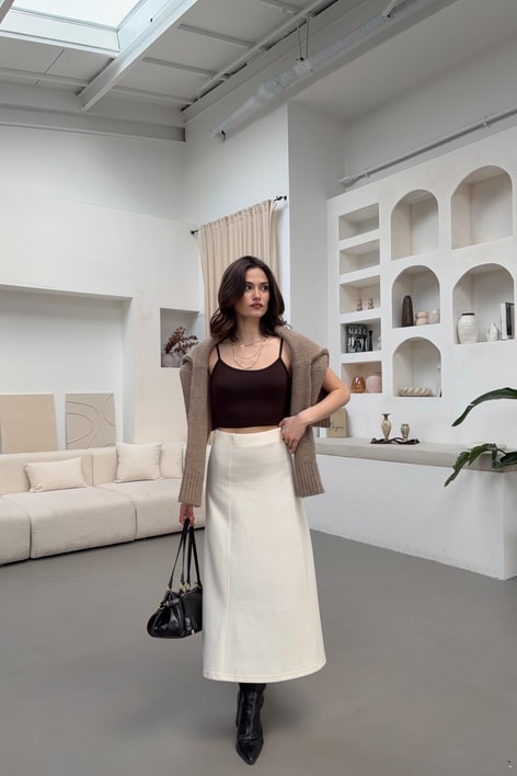 Ön Dikişli Triko Etek Ekru