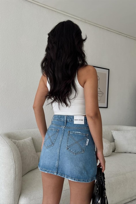 Ön Düğmeli Kot Etek Mavi